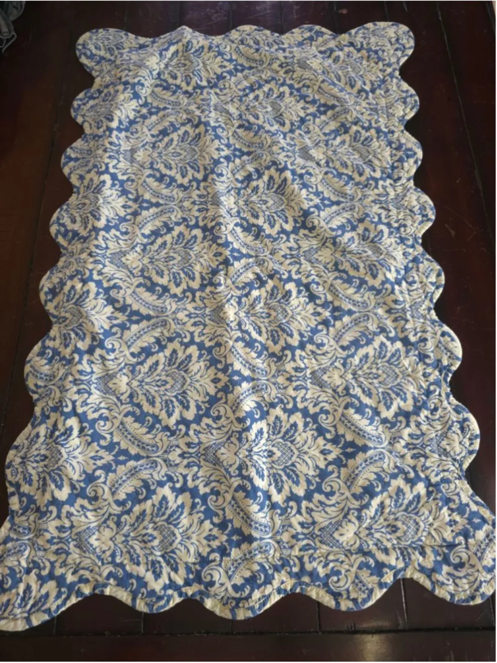 Waverly King Size Vintage Cottagecore Blue White Damask Scalloped Pillow Shams